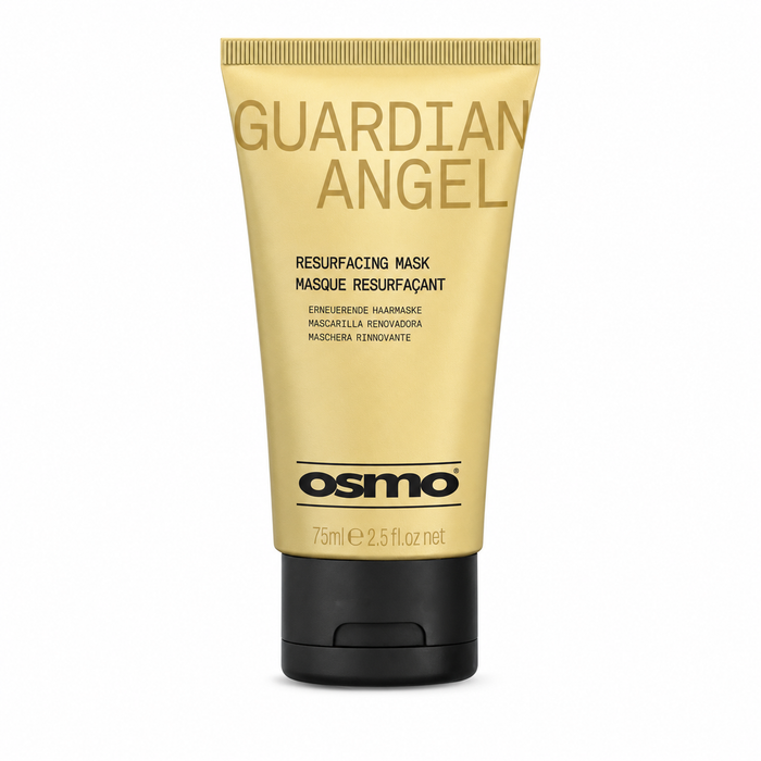 OSMO Guardian Angel Resurfacing Mask 75ml travel-size gold tube, designed to smooth, soften and revive dry, damaged hair.