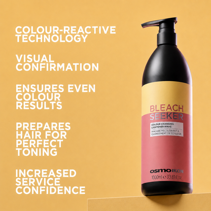 OSMO IKON Bleach Seeker Bleach Trace Indicator Shampoo 1000ml highlighting colour-reactive technology, visual bleach detection and even colour results. Professional post-bleach shampoo designed to prepare hair for accurate toning and colouring.