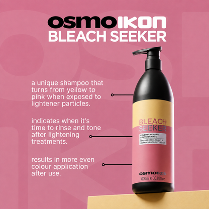 OSMO IKON Bleach Seeker colour-changing bleach trace indicator shampoo infographic showing how the formula changes from yellow to pink when bleach residue is detected, helping achieve even colour application after lightening treatments.