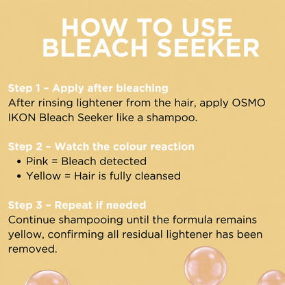 OSMO IKON Bleach Seeker step-by-step guide demonstrating how to use the bleach trace indicator shampoo after lightening. Shows the colour-changing formula that turns pink when bleach is present and yellow when hair is fully cleansed before toning.