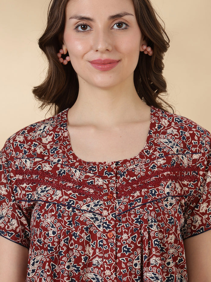 Paisley rust print pure cotton soft night dress for women