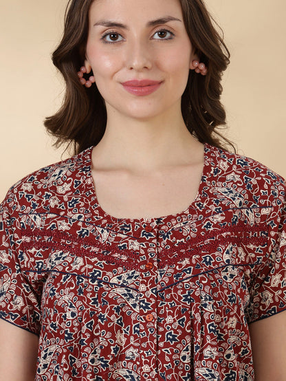Paisley rust print pure cotton soft night dress for women