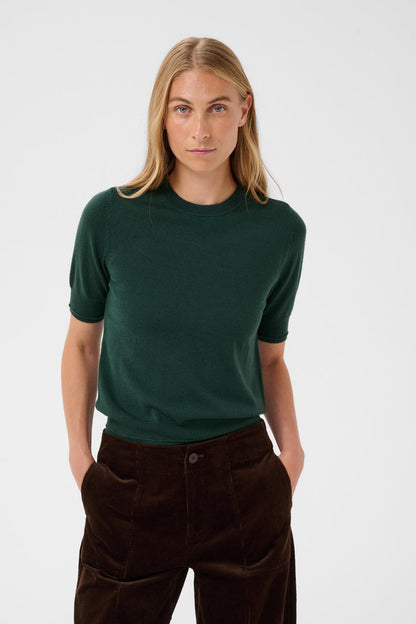Part Two Natanya PW Short Sleeve Wool Pullover Dark Green 30309791 194906 worn by model Shop Part Two at Dotique