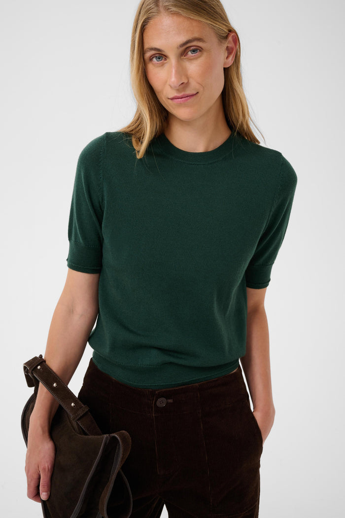 Part Two Natanya PW Short Sleeve Wool Pullover Dark Green 30309791 194906 worn by model Shop Part Two at Dotique