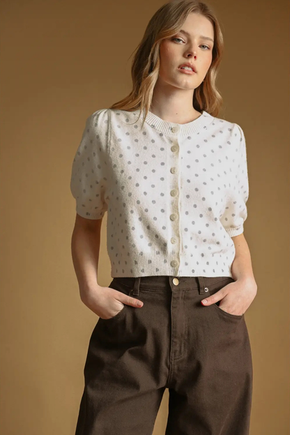 Polka Dot Printed Short Sleeve Button Front Cardigan