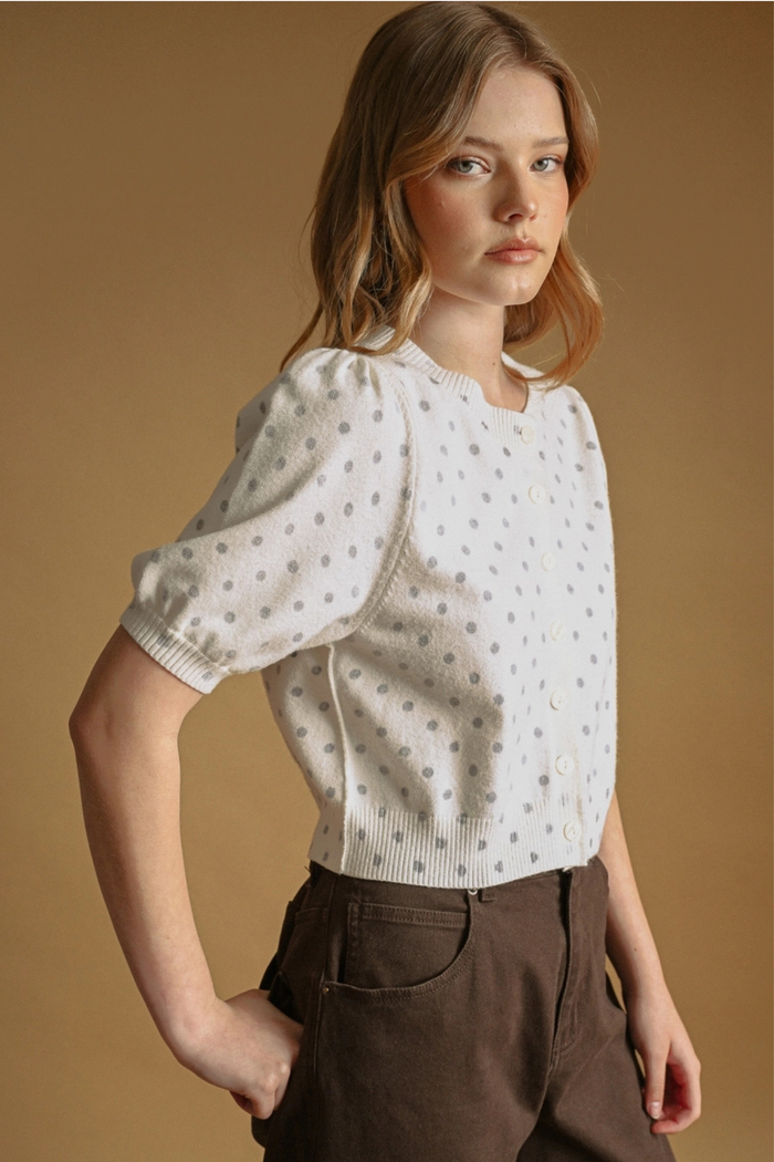 Polka Dot Printed Short Sleeve Button Front Cardigan