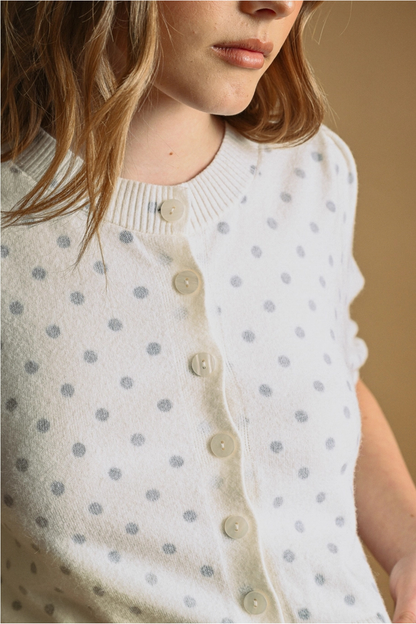 Polka Dot Printed Short Sleeve Button Front Cardigan