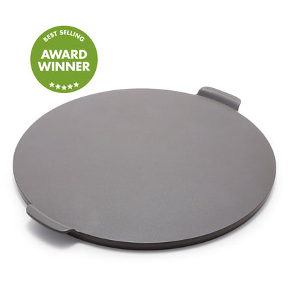 Gray round pizza baker with handles, nonstick surface, single piece. Green Best Selling Award Winner badge shown.