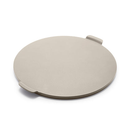 Round taupe ceramic pizza baker with handles, 16.5-inch size, single piece shown.