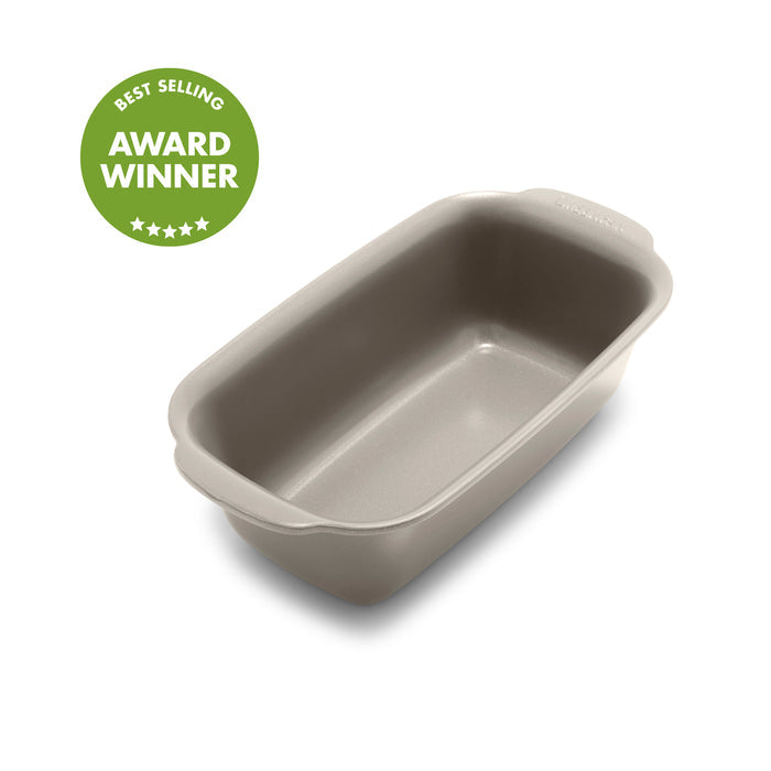 Taupe ceramic nonstick 1 lb. loaf pan with a green Best Selling Award Winner badge on the corner.