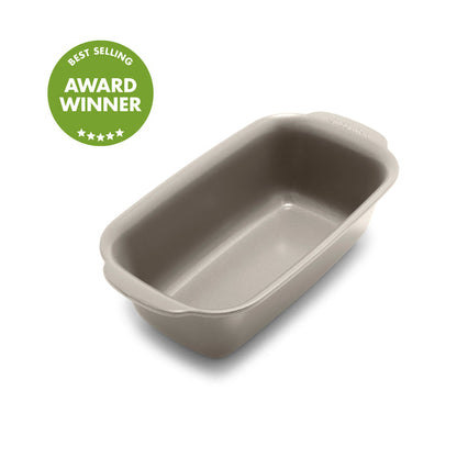 Taupe ceramic nonstick 1 lb. loaf pan with a green Best Selling Award Winner badge on the corner.