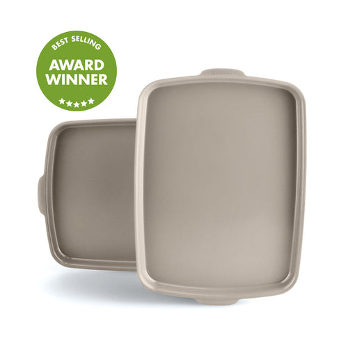 Two taupe ceramic nonstick quarter sheet pans, 13x9 inches, shown side by side with a green best selling badge.