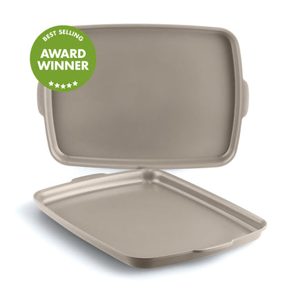 Stacked taupe ceramic sheet pans, set of two, with an award winner badge visible.