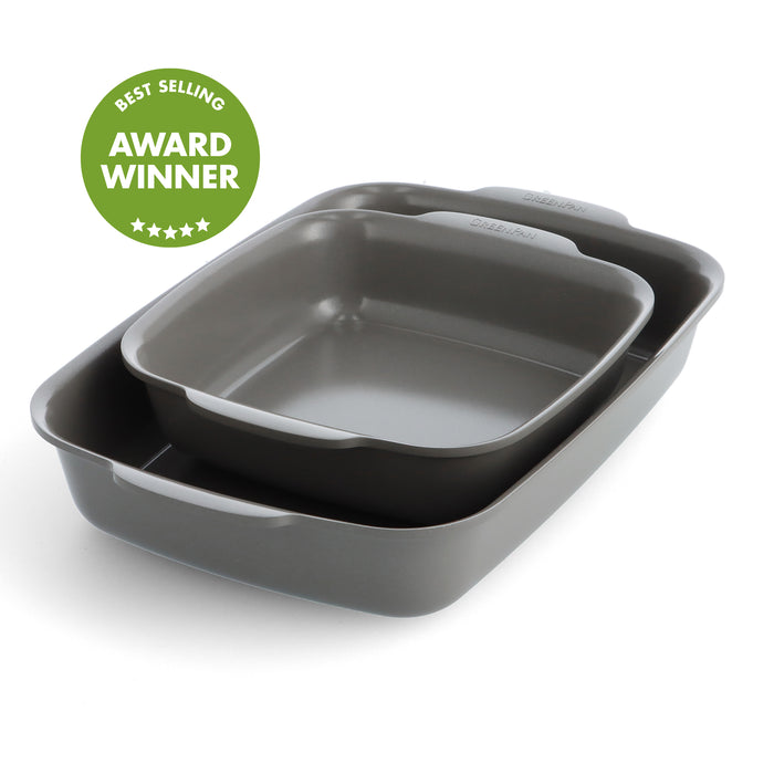 Gray ceramic nonstick cake pans, set of two, stacked with a green Best Selling Award Winner badge.