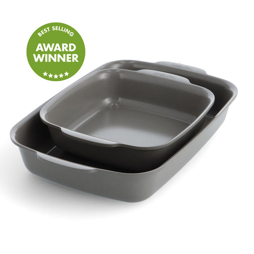 Gray ceramic nonstick cake pans, set of two, stacked with a green Best Selling Award Winner badge.