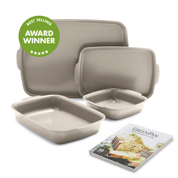 Ceramic nonstick ovenware set, taupe, 4 pieces with included cookbook and a visible award winner badge.