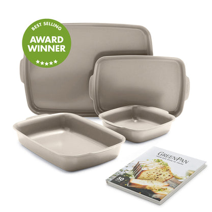 Ceramic nonstick ovenware set, taupe, 4 pieces with included cookbook and a visible award winner badge.