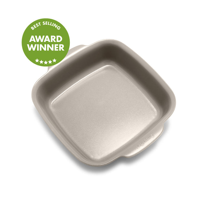 Taupe ceramic nonstick square baker with handles, 8x8 inches, green Award Winner badge in top left corner.