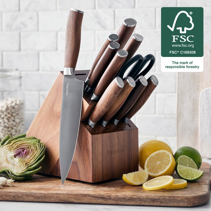 12-piece knife block set with walnut wood handles and stainless steel blades in a wooden storage block.