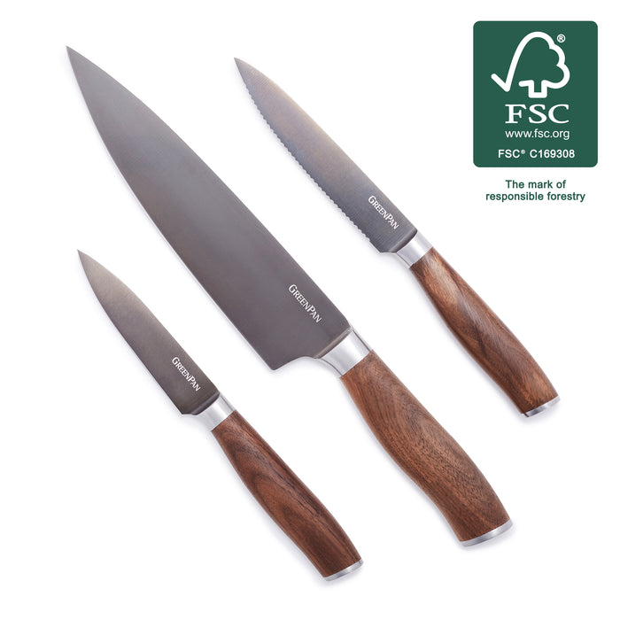 Three titanium knives with walnut handles beside an FSC certification logo.