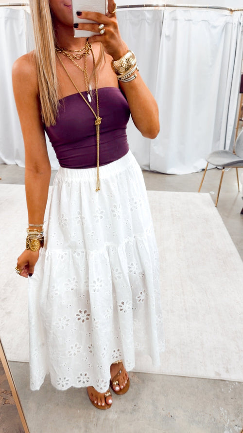 Raeyn Eyelet Tiered Midi Skirt