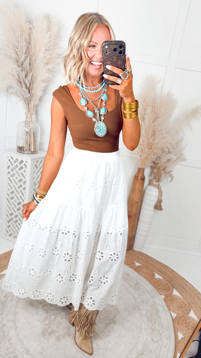 Raeyn Eyelet Tiered Midi Skirt
