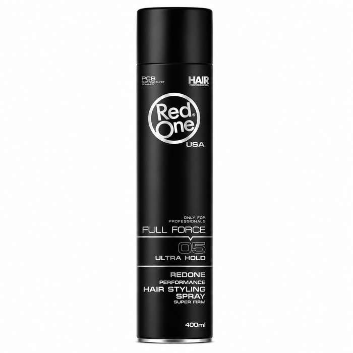 Red One USA Full Force 05 Ultra Hold Performance Hair Styling Spray 400ml in a black aerosol can, delivering super firm hold for long-lasting hairstyles with professional-quality performance.