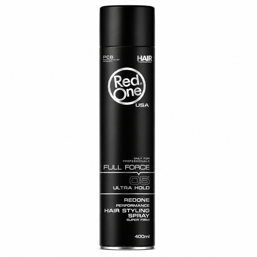 Red One USA Full Force 05 Ultra Hold Performance Hair Styling Spray 400ml in a black aerosol can, delivering super firm hold for long-lasting hairstyles with professional-quality performance.