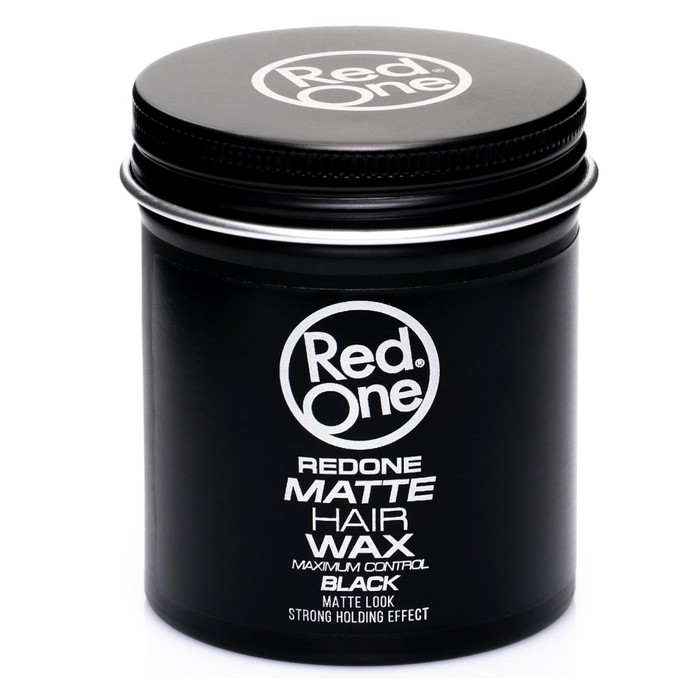 Red One Matte Hair Wax Black 100ml in a closed black metal jar. Professional styling wax offering maximum control, strong hold, and a matte finish for defined, long-lasting hairstyles without greasy shine.