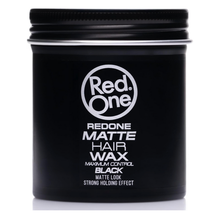 Red One Matte Hair Wax Black 100ml in a sleek black jar featuring a maximum control formula with strong hold and a matte finish. Professional styling wax for textured, natural-looking hairstyles without shine.