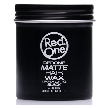 Red One Matte Hair Wax Black 100ml in a sleek black jar featuring a maximum control formula with strong hold and a matte finish. Professional styling wax for textured, natural-looking hairstyles without shine.