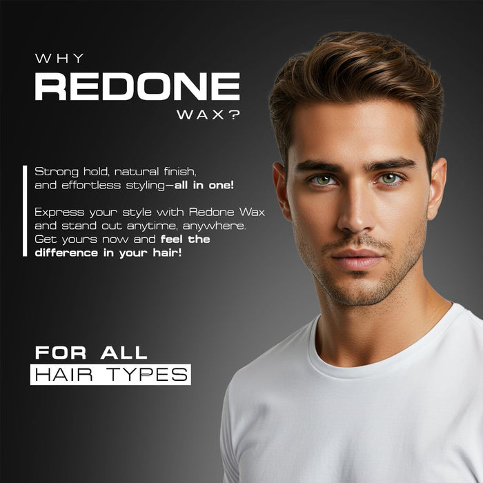 Promotional graphic for Red One Matte Hair Wax Black highlighting strong hold, natural matte finish, and effortless styling. Features a male model with styled hair and states the wax is suitable for all hair types.