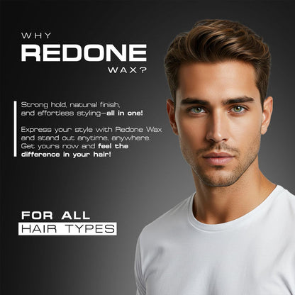 Promotional graphic for Red One Matte Hair Wax Black highlighting strong hold, natural matte finish, and effortless styling. Features a male model with styled hair and states the wax is suitable for all hair types.