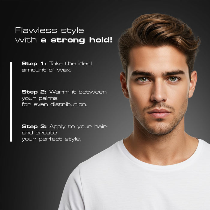 Instructional graphic showing how to use Red One Matte Hair Wax Black. Demonstrates three simple steps: take a small amount of wax, warm it between your palms, and apply evenly to create a strong hold with a natural matte finish.
