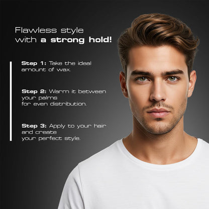 Instructional graphic showing how to use Red One Matte Hair Wax Black. Demonstrates three simple steps: take a small amount of wax, warm it between your palms, and apply evenly to create a strong hold with a natural matte finish.