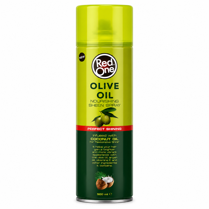 Red One Olive Oil Nourishing Sheen Spray 500ml aerosol can with protective cap, infused with coconut oil to deliver brilliant shine, reduce frizz, and nourish hair without weighing it down.