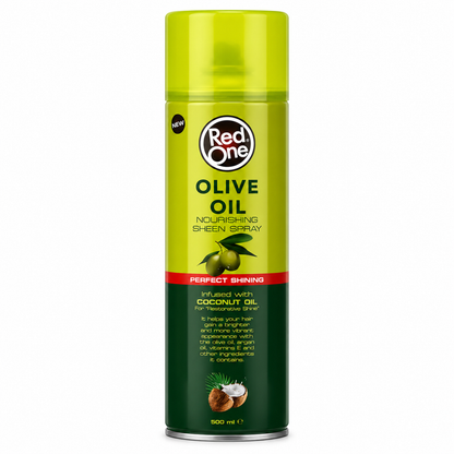 Red One Olive Oil Nourishing Sheen Spray 500ml aerosol can with protective cap, infused with coconut oil to deliver brilliant shine, reduce frizz, and nourish hair without weighing it down.