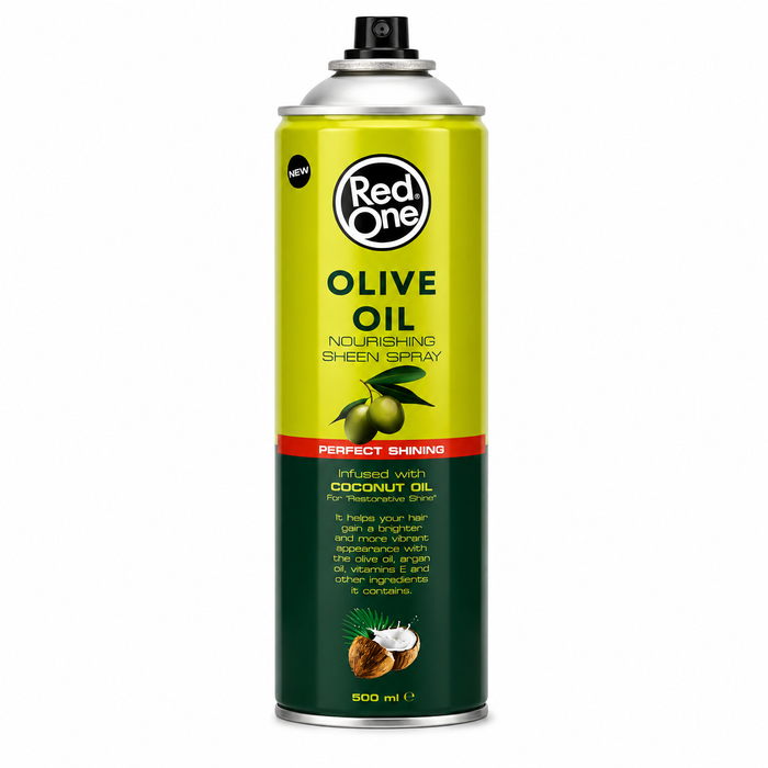 Red One Olive Oil Nourishing Sheen Spray 500ml infused with coconut oil, a lightweight hair shine spray that adds radiant shine, reduces frizz, and nourishes all hair types.