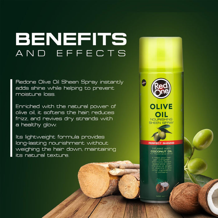 Benefits infographic for Red One Olive Oil Nourishing Sheen Spray highlighting instant shine, frizz control, moisture retention, and lightweight nourishment with olive and coconut oils.