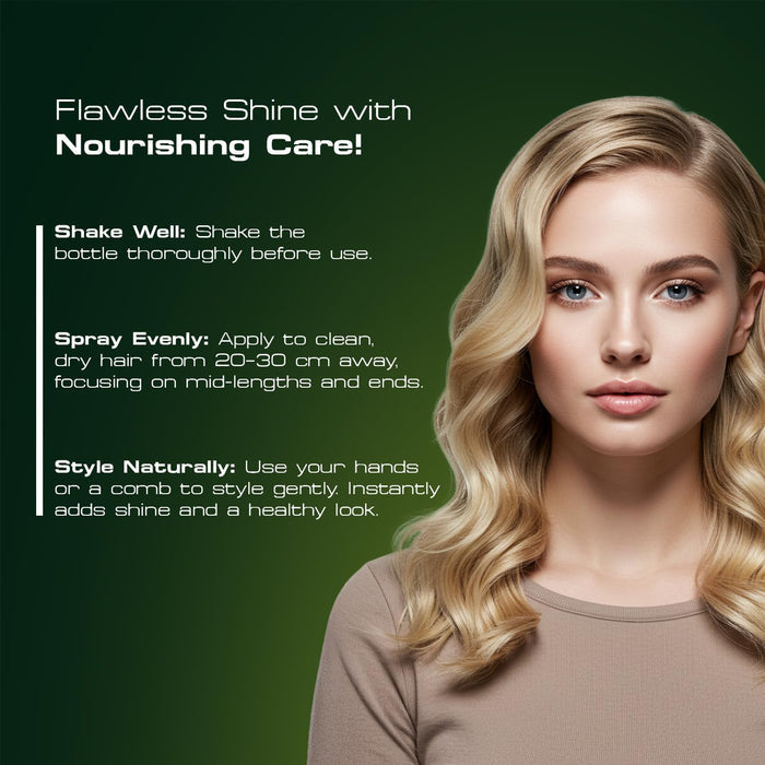 Usage guide for Red One Olive Oil Nourishing Sheen Spray showing instructions to shake well, spray evenly onto dry hair from 20–30 cm away, and style for a healthy shine.