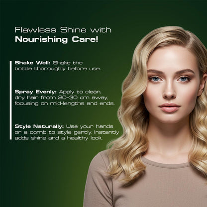 Usage guide for Red One Olive Oil Nourishing Sheen Spray showing instructions to shake well, spray evenly onto dry hair from 20–30 cm away, and style for a healthy shine.