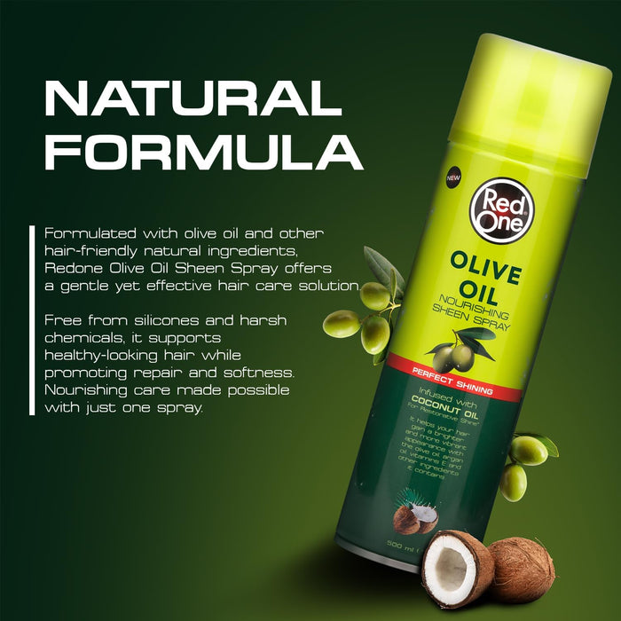 Red One Olive Oil Nourishing Sheen Spray natural formula infographic featuring olive oil and coconut oil for lightweight nourishment, softness, repair, and long-lasting shine.