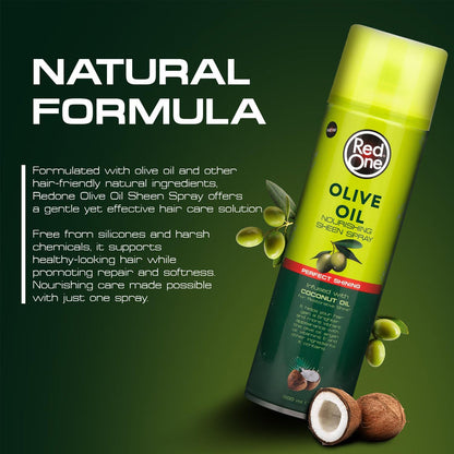 Red One Olive Oil Nourishing Sheen Spray natural formula infographic featuring olive oil and coconut oil for lightweight nourishment, softness, repair, and long-lasting shine.