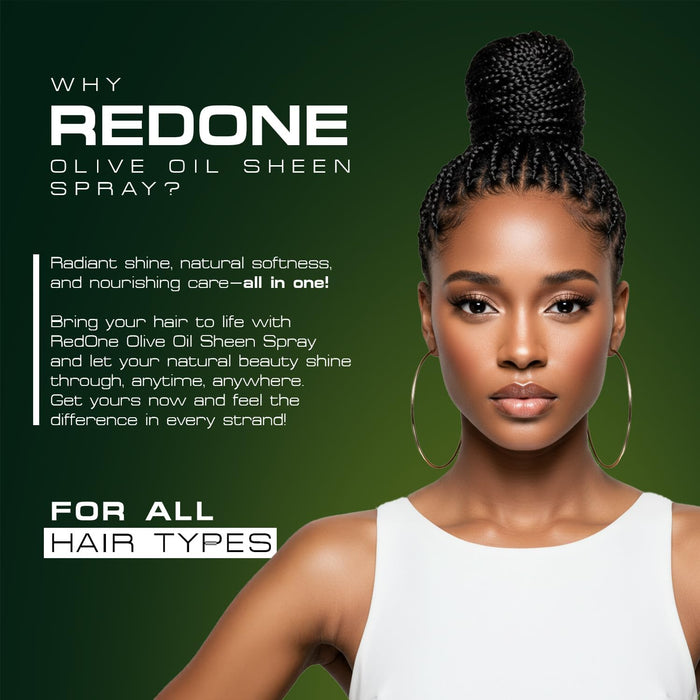 Promotional graphic for Red One Olive Oil Nourishing Sheen Spray featuring a model with braided hair and highlighting radiant shine, natural softness, nourishment, and suitability for all hair types.