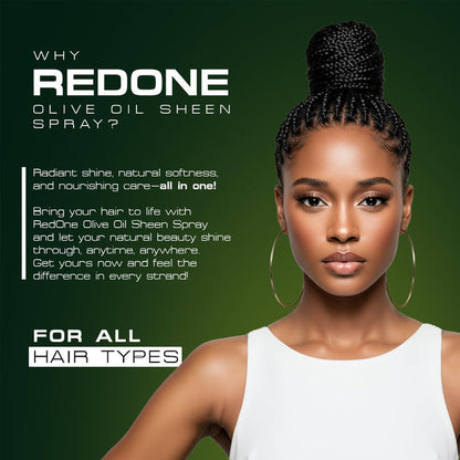 Promotional graphic for Red One Olive Oil Nourishing Sheen Spray featuring a model with braided hair and highlighting radiant shine, natural softness, nourishment, and suitability for all hair types.