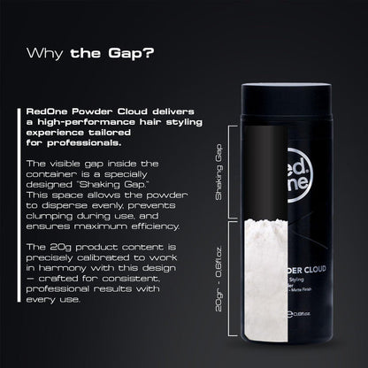 Infographic explaining the Red One Powder Cloud hair powder shaking gap, showing the container cross-section and how the internal space helps the 20g powder dispense evenly for consistent styling performance.
