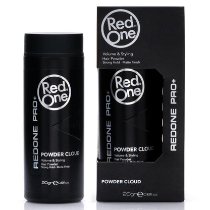 Red One Pro+ Powder Cloud Volume & Styling Hair Powder 20g displayed alongside its retail box, featuring strong hold, instant volume, texture enhancement, and a matte finish for professional styling.