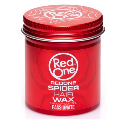 Angled view of Red One Spider Hair Wax Passionate 100ml featuring the signature red jar with spider web lid. Maximum control hair wax delivers strong hold, defined texture, natural shine, and professional styling results.