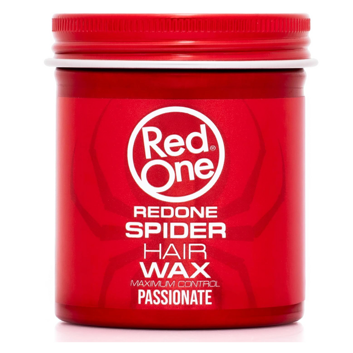 Red One Spider Hair Wax Passionate 100ml in a red styling jar with maximum control formula. Professional hair wax provides a strong hold, flexible styling, long-lasting texture, and a natural finish for all hair types.
