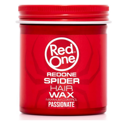 Red One Spider Hair Wax Passionate 100ml in a red styling jar with maximum control formula. Professional hair wax provides a strong hold, flexible styling, long-lasting texture, and a natural finish for all hair types.